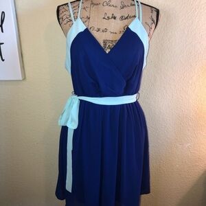 Tea & Cup Dress Blue Two Tone Dress Spaghetti Straps Gathered Waist Size Large
